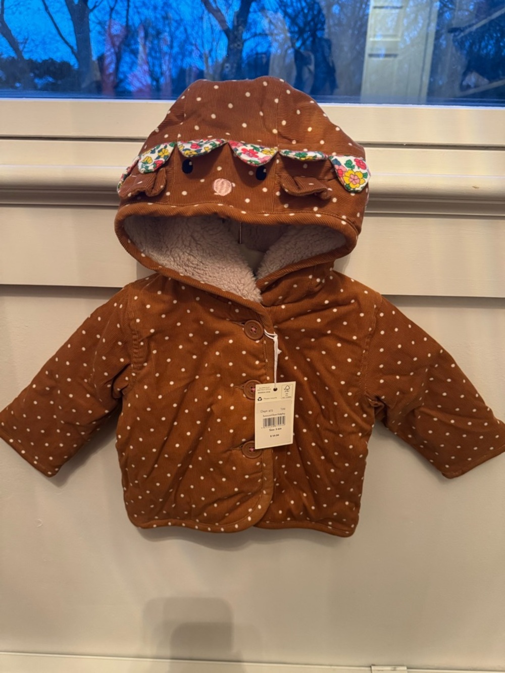 Boden Butterscotch Brown Polka Dot Hooded Baby Jacket